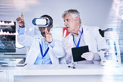 Buy stock photo Future, data and scientist team with virtual reality, overlay and digital abstract with tablet, medical research and technology. Science info, test results and VR experience, people in lab and DNA