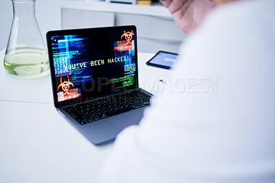 Buy stock photo Hacked, laptop or scientist with cyber security attack, virus problem or 404 glitch in laboratory. Screen, password mistake or medical worker with research trouble, software spam or ransomware danger