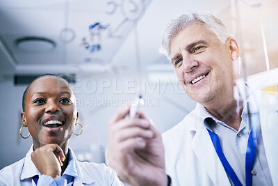 Buy stock photo Scientist, team and formula on glass board, analysis and science study with medical research and chemistry in lab. Man, black woman and investigation, chemical equation and scientific experiment