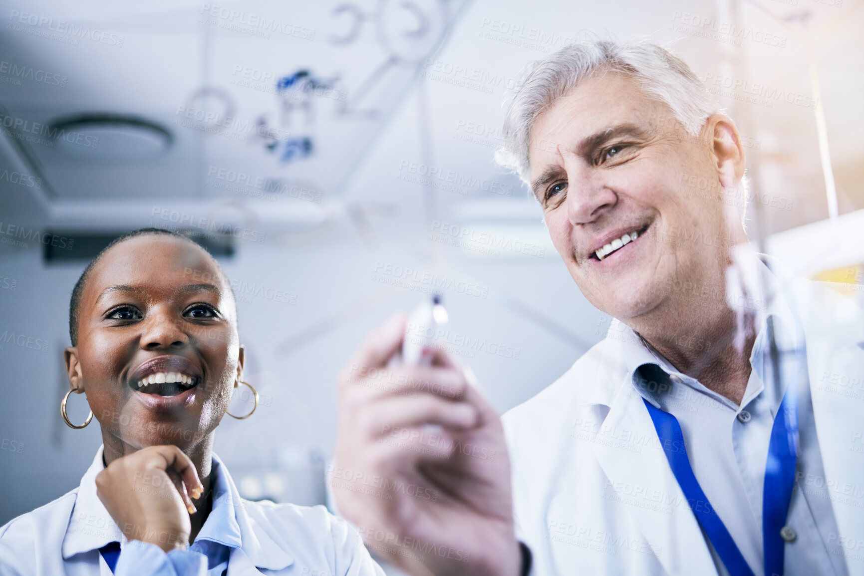 Buy stock photo Scientist, team and formula on glass board, analysis and science study with medical research and chemistry in lab. Man, black woman and investigation, chemical equation and scientific experiment