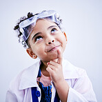 Child, thinking and face of scientist girl in studio with 
hand on chin, goggles and idea. Happy African kid student with solution or problem solving medical science, education or biology experiment