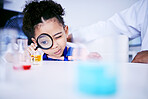Child, science and chemistry with a magnifying glass in laboratory for a test or research. African kid student curious for scientist, education or learning chemical experiment in class with magnifier