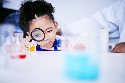 Buy stock photo Child, science and chemistry with a magnifying glass in laboratory for a test or research. African kid student curious for scientist, education or learning chemical experiment in class with magnifier