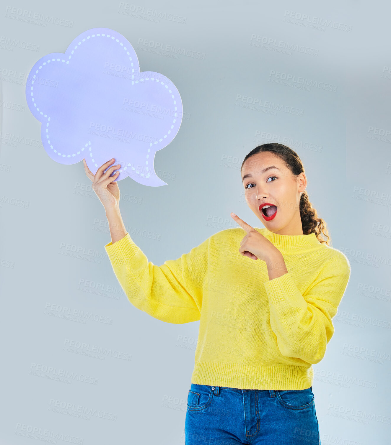 Buy stock photo Speech bubble, portrait and woman wow, chat or social media opinion, college talk and news or university forum. Student or person surprise with communication mockup or quote sign on studio background