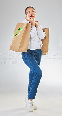 Buy stock photo Recycle logo, environment and woman with bag, sustainability with shopping isolated on white background. Environmental, retail and eco friendly, female person and sustainable development in studio