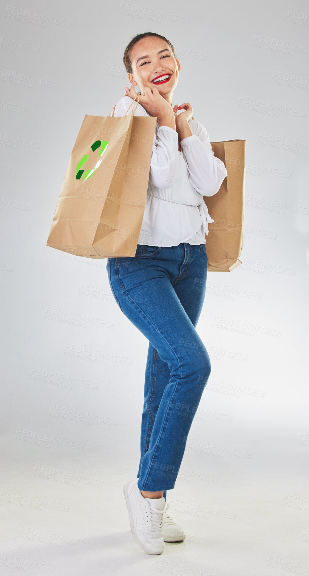 Buy stock photo Recycle logo, environment and woman with bag, sustainability with shopping isolated on white background. Environmental, retail and eco friendly, female person and sustainable development in studio