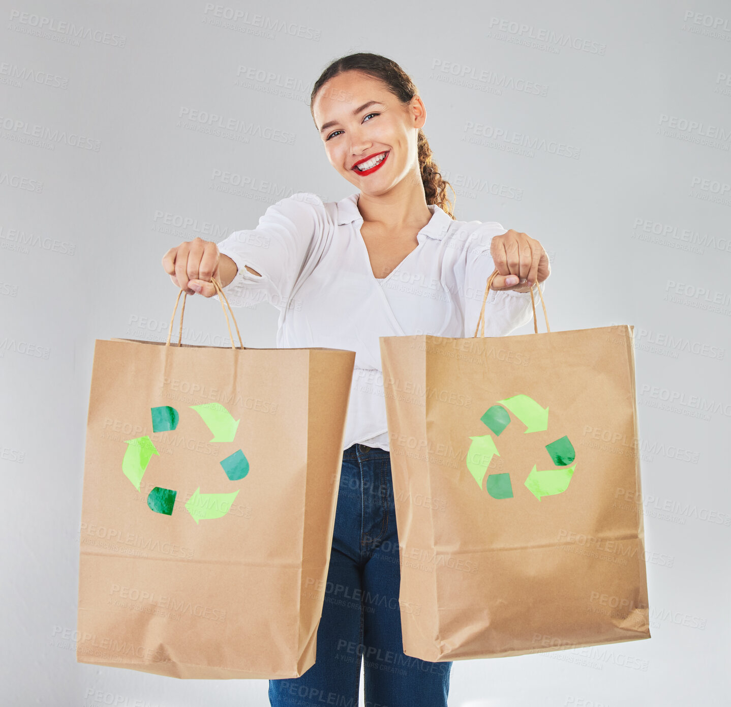 Buy stock photo Recycle, environment and woman with bag, sustainability with shopping in portrait  and logo on white background. Environmental, retail and eco friendly, female person and carbon footprint in studio