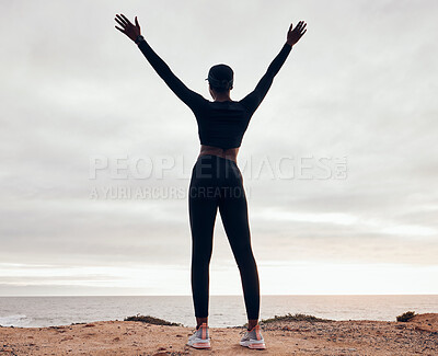 Success, fitness and back of woman in nature with achievement, celebration and goals for workout. Sports, freedom and happy female person with hands in air for exercise, training and running target