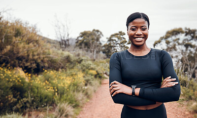 Buy stock photo Fitness, smile and portrait with black woman in nature for health, workout and running. Performance, sports and exercise with female runner training on mountain trail for speed, marathon and wellness