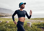 Fitness, running and cardio with black woman in nature for health, workout and challenge. Performance, sports and exercise with female runner training in outdoor for speed, marathon and wellness