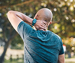 Neck pain, outdoor and man in a park with sport injury and muscle strain from fitness and workout. Exercise problem, male person and back with medical, health and problem from training accident 