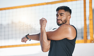 Buy stock photo Thinking, stretching and man at beach for exercise in volleyball game, training or workout. Fitness, sports and athlete in muscle warm up, preparation or ready to start match, competition or sport