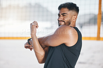 Buy stock photo Stretching, exercise and man at beach for volleyball game, training or workout. Fitness, sports and athlete thinking in muscle warm up, preparation or ready to start match, competition or sport