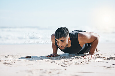Buy stock photo Man, beach and pushup on sand for exercise, fitness or workout for performance in summer sunshine. Young guy, bodybuilder and training for health, wellness and strong body with self care on ground