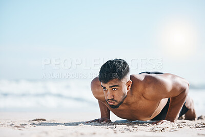 Buy stock photo Man, beach and pushup on sand for fitness, workout or exercise for mockup space in summer sunshine. Young guy, bodybuilder and training for health, wellness and strong body with sea mock up on ground