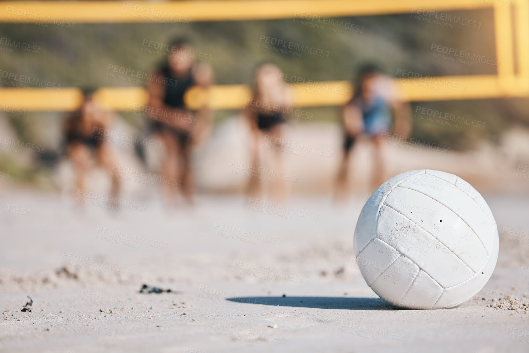 Buy stock photo Beach volleyball, sports and on the sand in summer for fitness, fun and vacation games. Health, nature and a ball by the ocean for sport training, cardio or competition on a holiday or travel