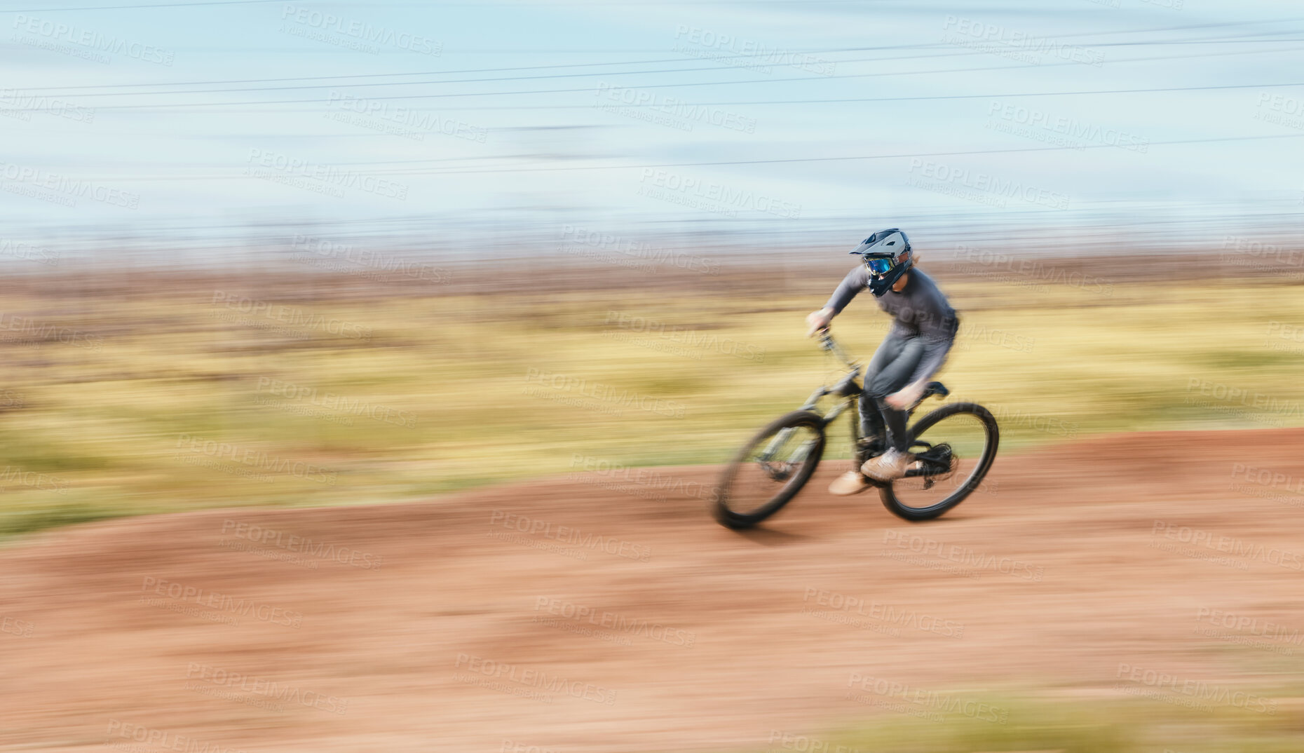 Buy stock photo Sports, blur and man riding a bike in nature training for a race, marathon or competition. Fitness, motion and male athlete biker practicing for an outdoor cardio exercise, adventure or workout.