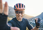 Man, portrait and mountain bike with selfie, smile and fist celebration for winning, race and fitness. Guy, mountains and cycling achievement with photography, profile picture and social network app