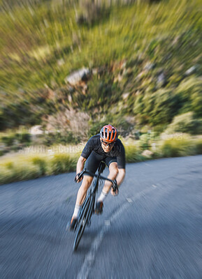 Buy stock photo Bicycle, motion blur and man cycling fast in nature, mountain or adventure on trail, forest or valley path. Athlete, fitness and extreme bike sports with freedom, energy and off road exercise