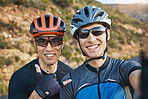 Men, friends and nature selfie for mountain bike race, training and shaka sign with smile in portrait. Man, mountains and cycling partnership with photography, profile picture and social network app