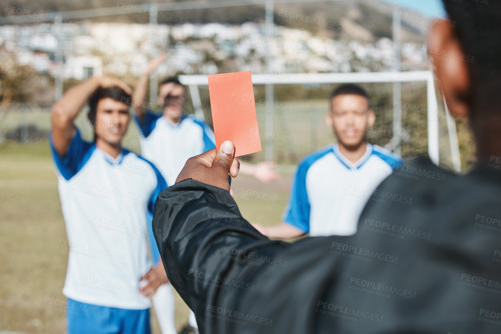 Buy stock photo Sports team, red card and soccer referee outdoor on field for game foul, mistake or compliance. Football player, athlete club and paper in person hand for sport warning, penalty rules or dismissal