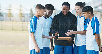 Buy stock photo Sports, soccer and a coach talking to team on field for fitness exercise or game outdoor. Football formation, club and diversity athlete people with plan for coaching, scrum and training strategy