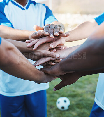 Buy stock photo Hands stacked, sports and men on a soccer field for support, motivation and team spirit. Goal, training and athlete football players with a gesture for celebration, solidarity and trust at a game
