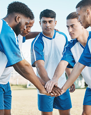 Buy stock photo Soccer, sports group or team with hands together on field for fitness training or competition. Football player, club and diversity athlete men together for scrum, game motivation or teamwork outdoor