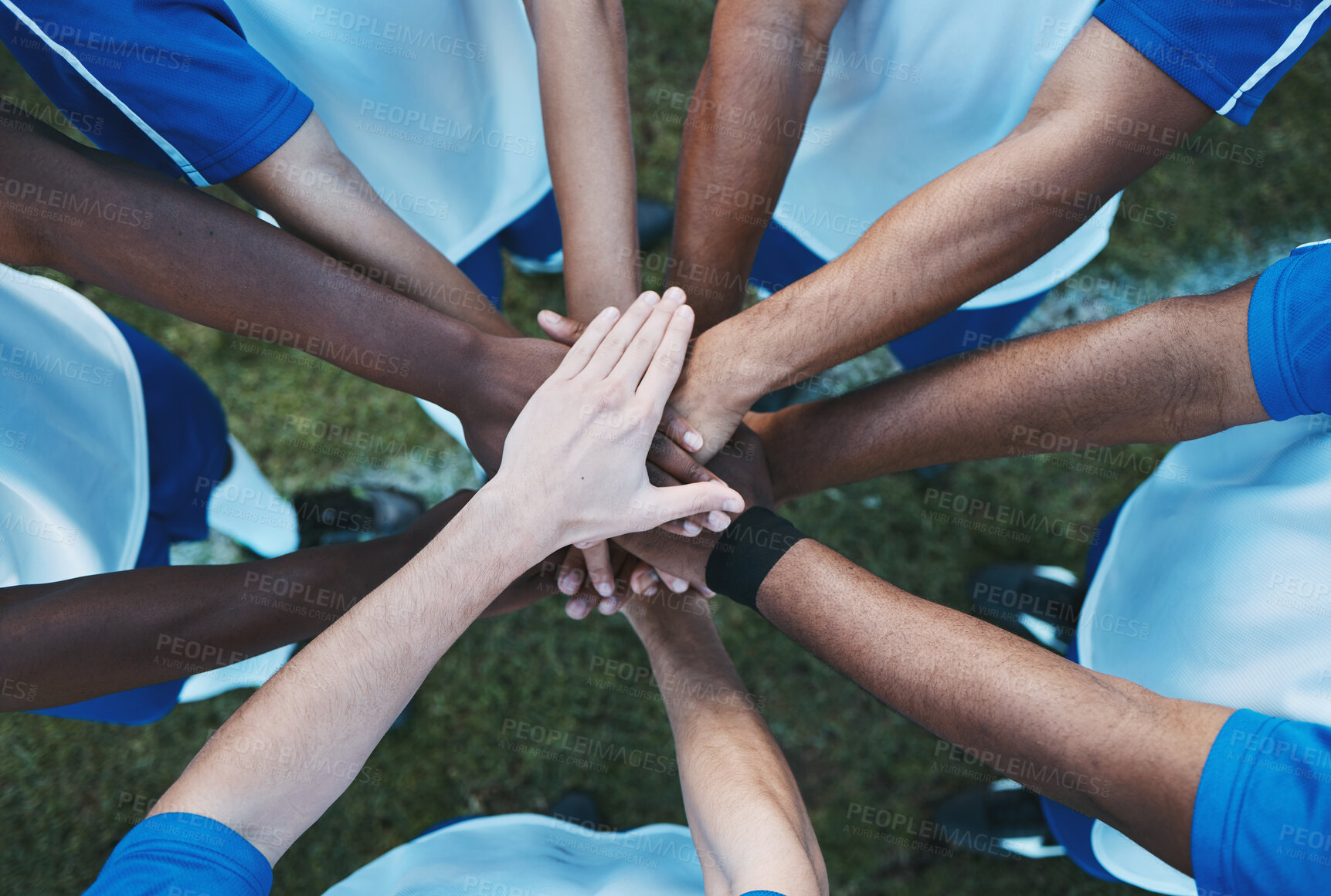 Buy stock photo Hands stacked, above and men on a soccer field for support, motivation and team spirit. Sports, training and athlete football players with a gesture for celebration, solidarity and trust at a game