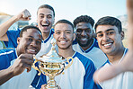 Sports group, soccer trophy and selfie of team on field for game award or prize outdoor. Football player, club and diversity champion men portrait for sport competition win, success and achievement