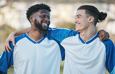 Buy stock photo Fitness, soccer and friends with sports men hugging during training, a game or competition outdoor. Football, exercise or workout with a young man athlete and his friend happy together after a match