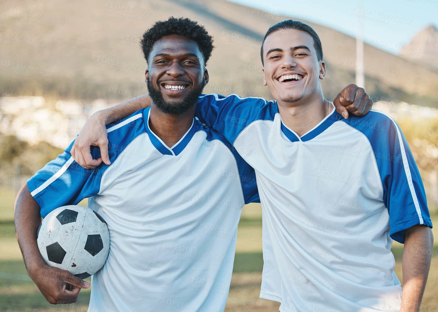 Buy stock photo Sports team, soccer ball and smile portrait on field for fitness training or game outdoor. Football player, club and diversity athlete men or friends together for competition, workout or challenge