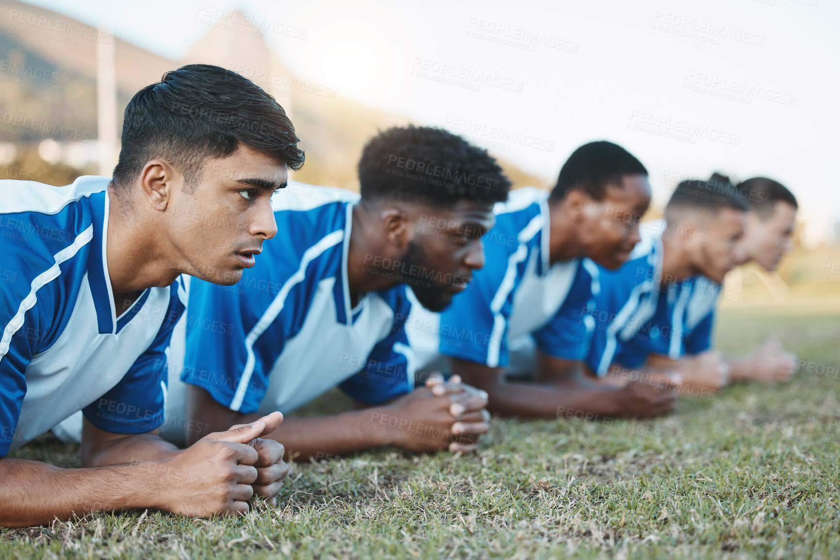 Buy stock photo Sports group, soccer and team plank on field for fitness training, workout or exercise outdoor. Football player, club and diversity athlete men with focus for strong competition or sport challenge