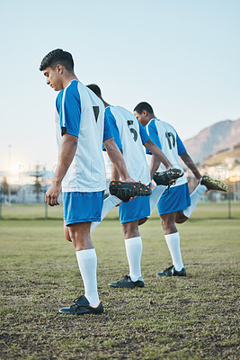 Buy stock photo Sports group, soccer and team stretching legs on field for fitness training or muscle warm up. Football player, club and diversity athlete people with focus on sport competition, workout or challenge