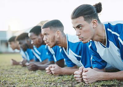 Buy stock photo Plank, sports group and soccer team on field for fitness training, workout or exercise outdoor. Football player, club and face of athlete people with strong focus for sport competition or challenge