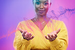 Hands, happy black woman with special effects and in background. Technology or color motions, african female with open arms for it and in studio backdrop for support or receiving gesture with trust