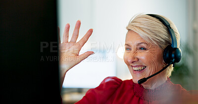 Buy stock photo Business woman, video call and microphone at computer of customer service, consulting or webinar. Mature employee, talking and wave hello on desktop in virtual meeting, telemarketing or communication