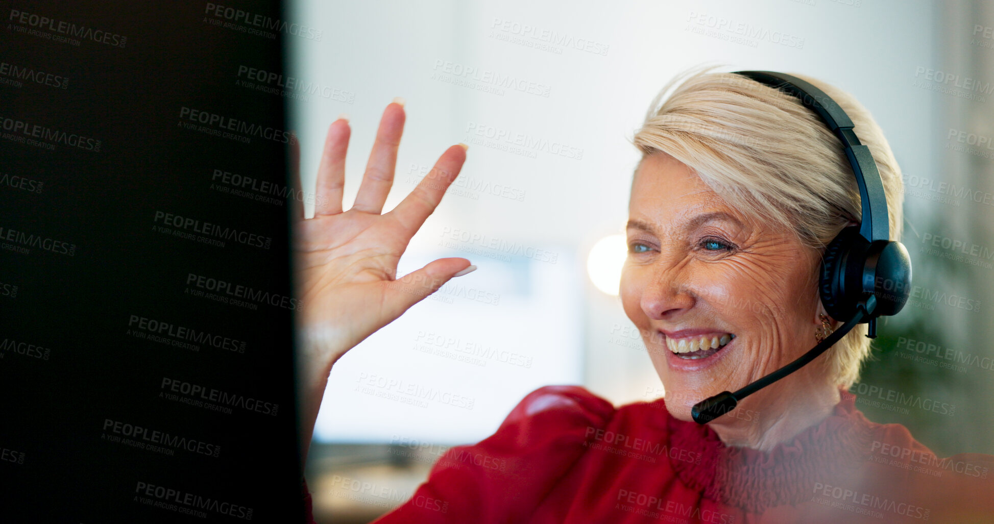 Buy stock photo Business woman, video call and microphone at computer of customer service, consulting or webinar. Mature employee, talking and wave hello on desktop in virtual meeting, telemarketing or communication