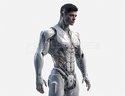 Cyborg, robot and iron soldier on mockup for futuristic war, galactic cyberspace battle or android machine against white studio background. Cyber warrior in robotic future or technology on copy space