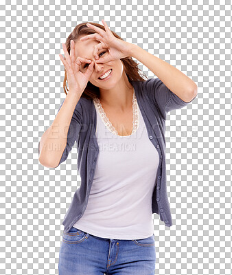 Buy stock photo Fun, woman portrait and finger glasses for comedy isolated on a transparent, png background. Young female person, happy and smile with funny joke and comedy gesture with hands to make circle on eyes