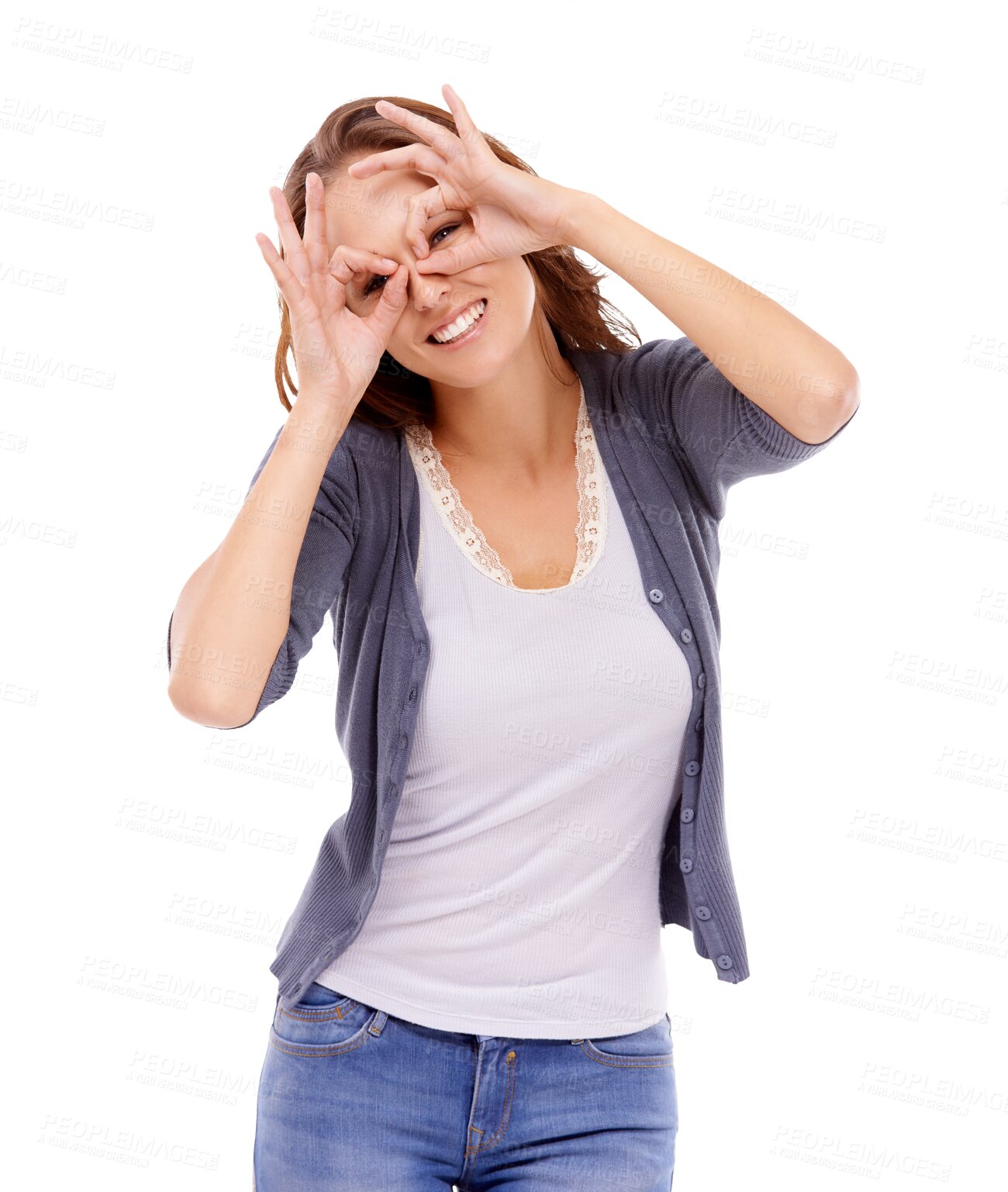 Buy stock photo Fun, woman portrait and finger glasses for comedy isolated on a transparent, png background. Young female person, happy and smile with funny joke and comedy gesture with hands to make circle on eyes