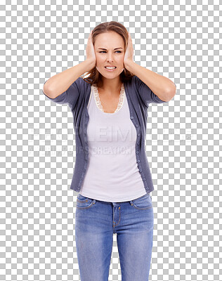 Buy stock photo Loud, noise and woman cover ears for quiet on isolated, PNG and transparent background. Stress, frustrated and upset female person closing ear for sound complaint, hearing and silent distraction