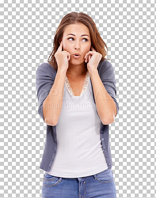 Buy stock photo Surprise, noise and cover on ear of woman on transparent background for silence, quiet and shocked. Stress, headache and frustrated with female person isolated on png for pressure, alert and annoyed