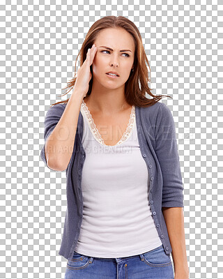 Buy stock photo Stress, headache and frustrated woman with migraine on isolated, PNG and transparent background. Mental health, depression and face of upset female person with pain from problem, crisis and anxiety