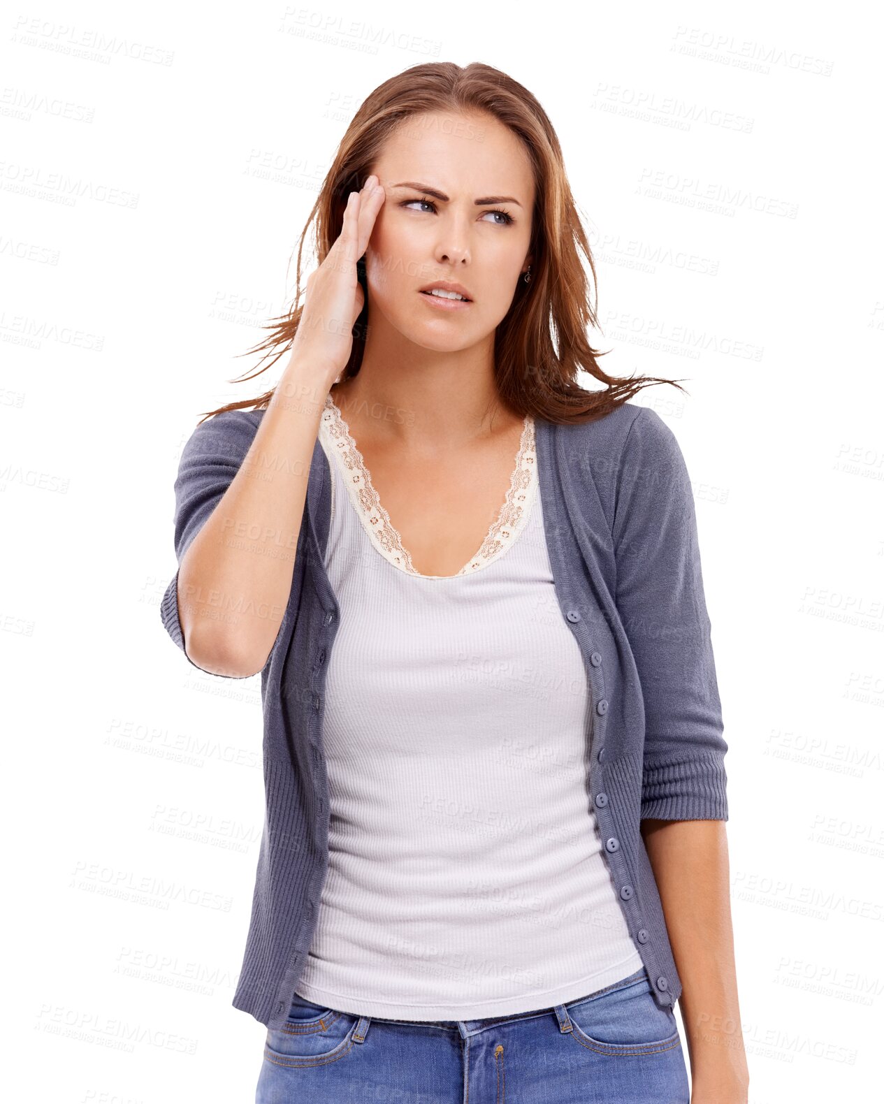 Buy stock photo Stress, headache and frustrated woman with migraine on isolated, PNG and transparent background. Mental health, depression and face of upset female person with pain from problem, crisis and anxiety