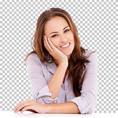 Buy stock photo Face portrait, business and relax happy woman with smile, administration satisfaction and happiness for admin work. Receptionist, smiling and female person isolated on transparent, png background