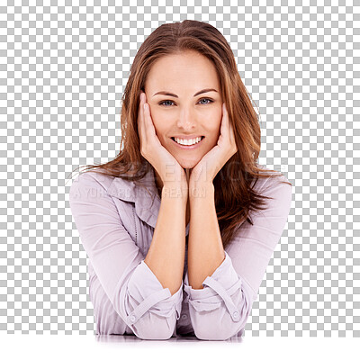 Buy stock photo Professional portrait, relax or happy woman with smile for  corporate satisfaction, business career and consultant work. Office desk, smiling or face of person isolated on transparent, png background