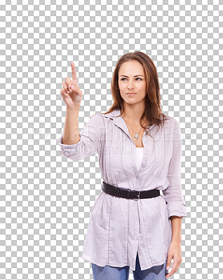 Buy stock photo Virtual screen, pointing gesture and woman work on touchscreen design, interactive interface or scroll on dashboard. Multimedia system, IOT and female person isolated on transparent, png background