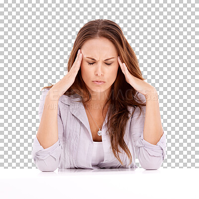 Buy stock photo Stress, headache and frustrated woman with pain on isolated, PNG and transparent background. Mental health, depression and face of upset female person with migraine from problem, crisis and anxiety