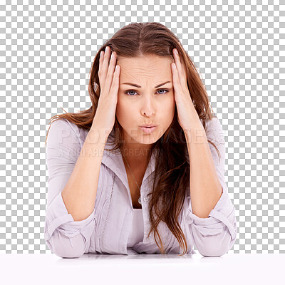 Buy stock photo Stress, frustrated and portrait of woman with crisis on isolated, PNG and transparent background. Mental health, depression and face of upset, tired female person with headache, problem and anxiety